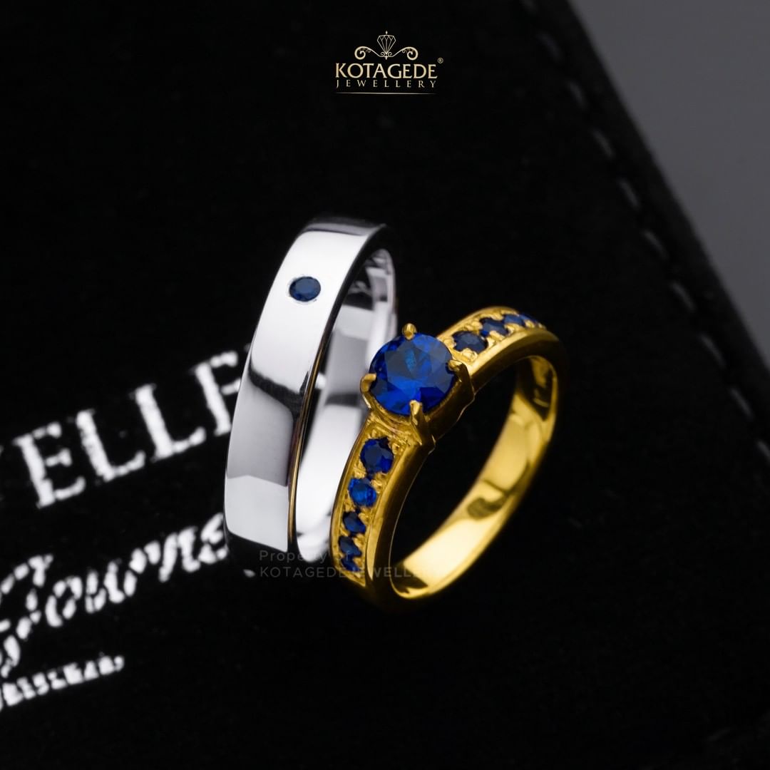 Cincin Kawin Tunangan Platidium Emas Kuning Blue Sapphire PTD0477YG