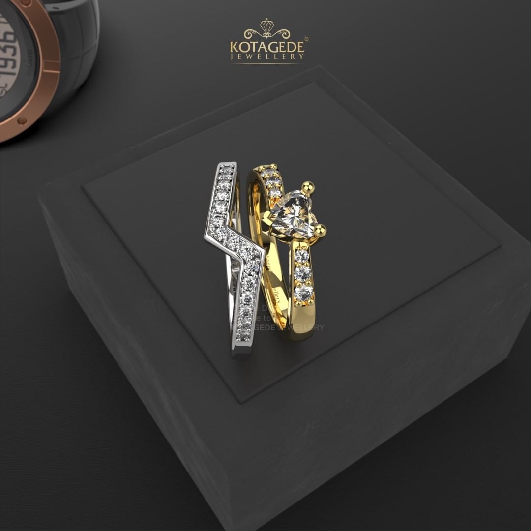 Cincin Kawin Tunangan Platidium Emas Kuning Z & Heart Shape Diamond PTD0485YG