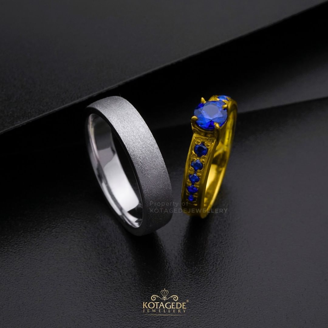 Cincin Kawin Tunangan Platidium Emas Kuning Blue Sapphire PTD0495YG