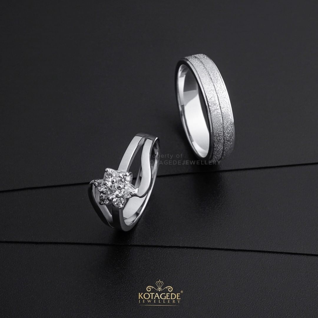 Cincin Kawin Tunangan Palladium Emas Putih Bunga dan Doff Pasir PD0516WG
