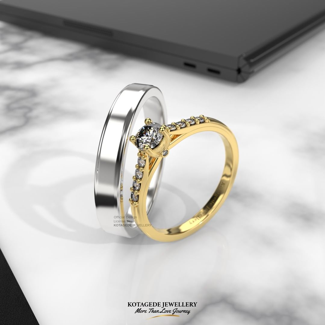 Cincin Kawin Tunangan Platidium Emas Kuning Solitaire Half Eternity PTD0604YG