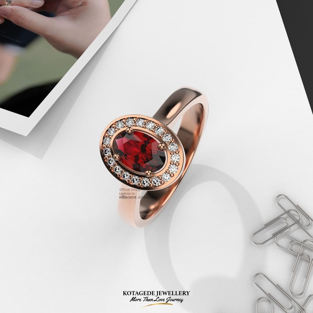 Cincin Kawin Tunangan Rosegold Halo Oval Red Ruby RG0605