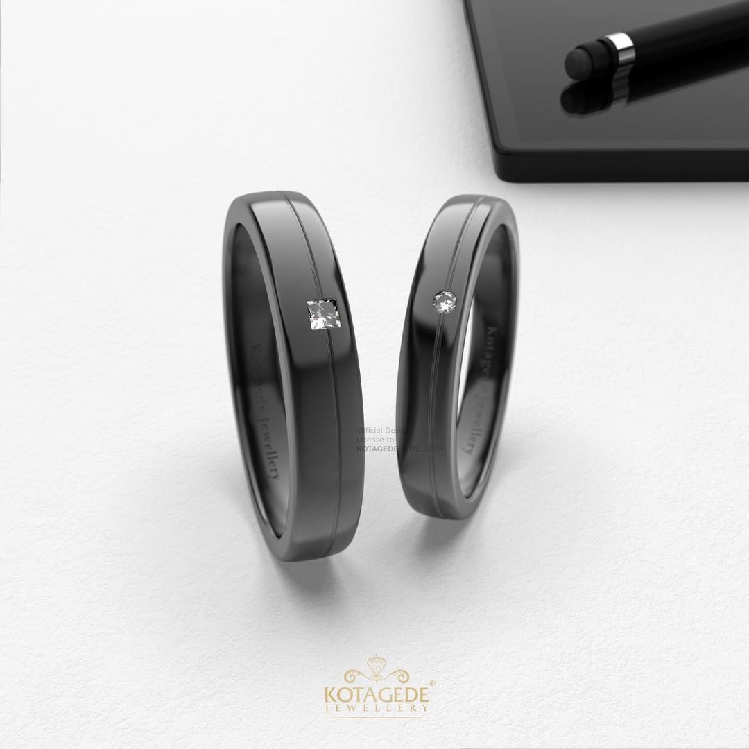 Cincin Kawin Tunangan Platidium Emas Putih Inlay Crystal Black Rhodium PTD0615WG