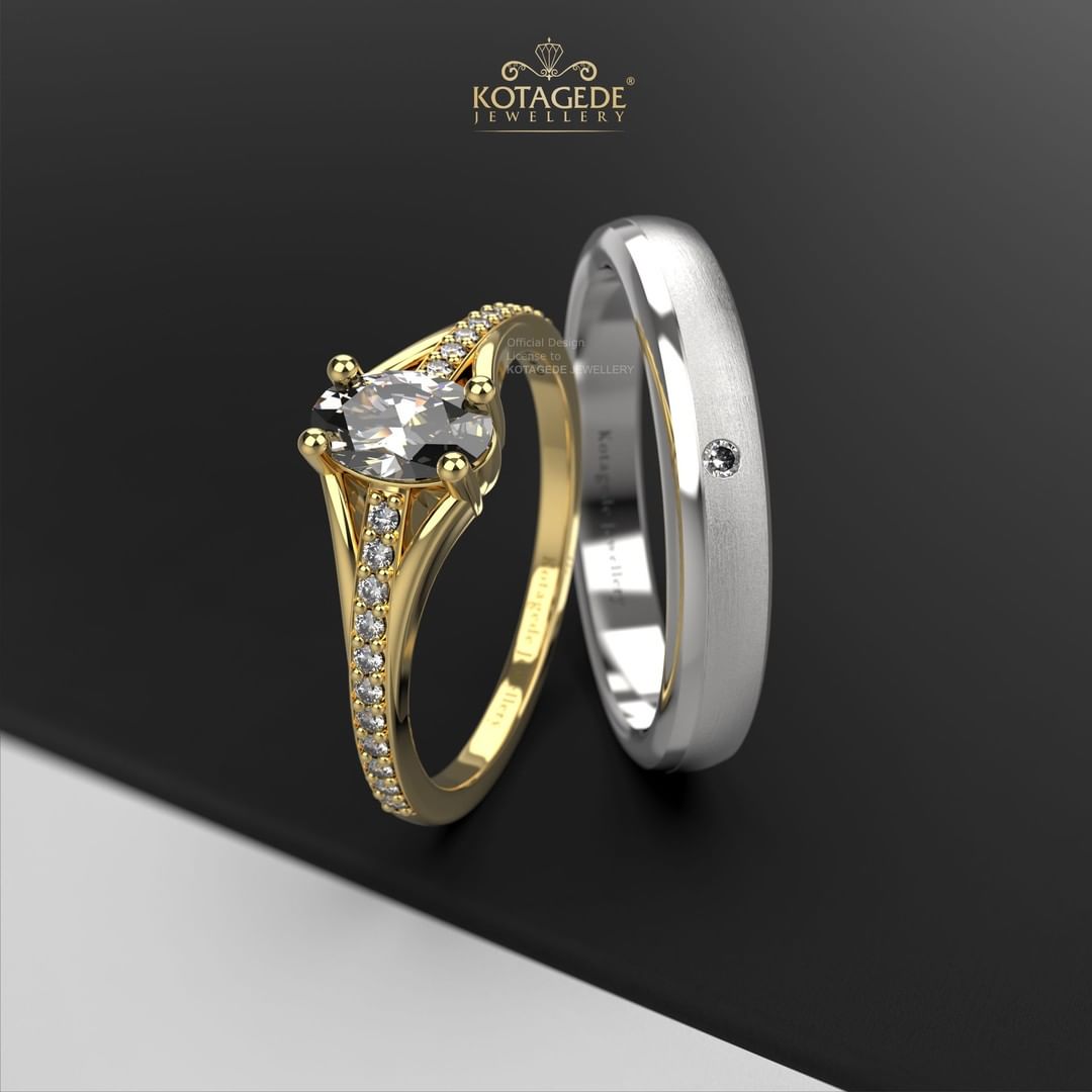 Cincin Kawin Tunangan Platidium Emas Kuning Oval Diamond Half Eternity PTD0632YG