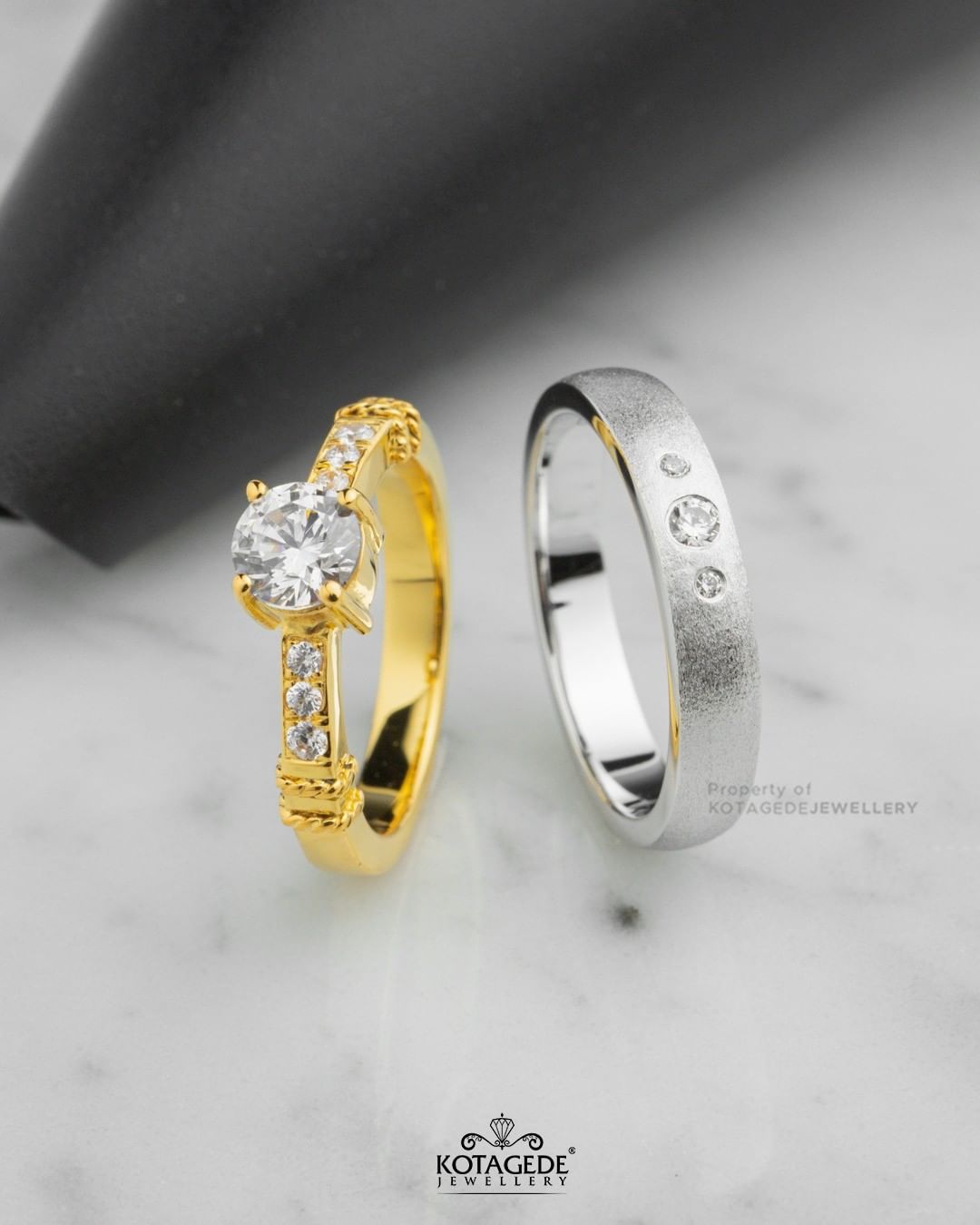 Cincin Kawin Tunangan Platidium Emas Kuning Solitaire Half Eternity PTD0660YG