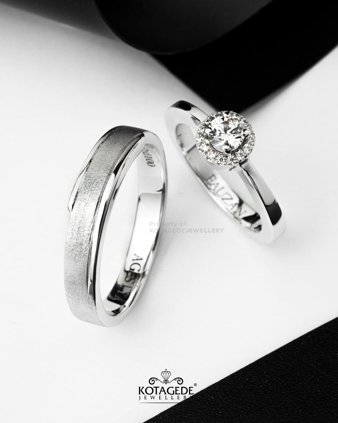 Cincin Kawin Tunangan Platidium Emas Putih Halo Solitaire and Glossy Edge PTD0672WG