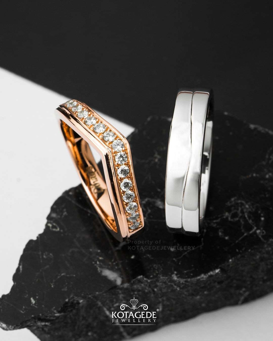 Cincin Kawin Tunangan Platidium Emas Putih V Couple Finishing Rosegold Glossy PTD0675WG