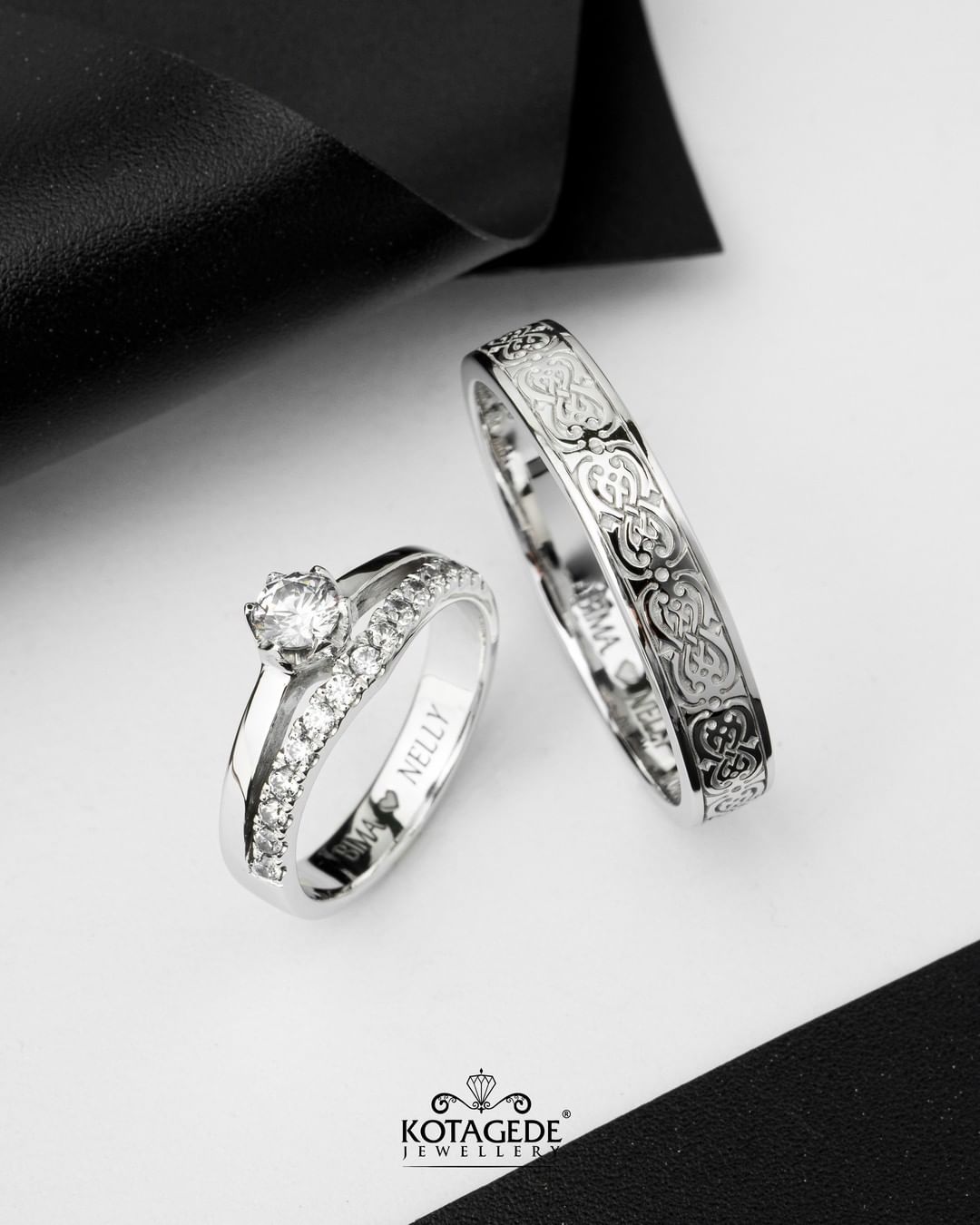 Cincin Kawin Tunangan Platidium Emas Putih Solitaire Eternity dan Laser Batik Dayak PTD0684WG