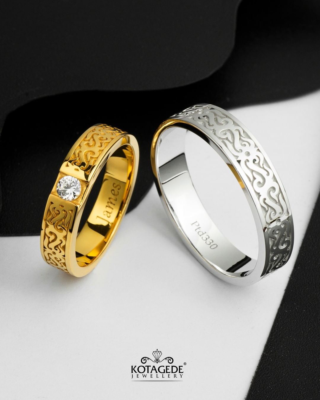 Cincin Kawin Tunangan Platidium Emas Kuning Laser Batik Couple PTD0690YG