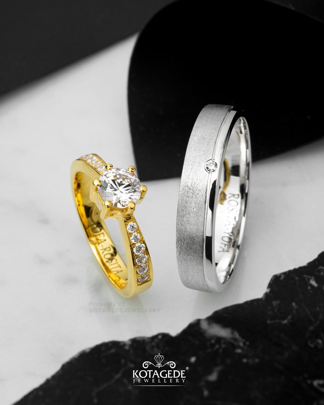 Cincin Kawin Tunangan Platidium Emas Kuning Solitaire Half Eternity PTD0739YG